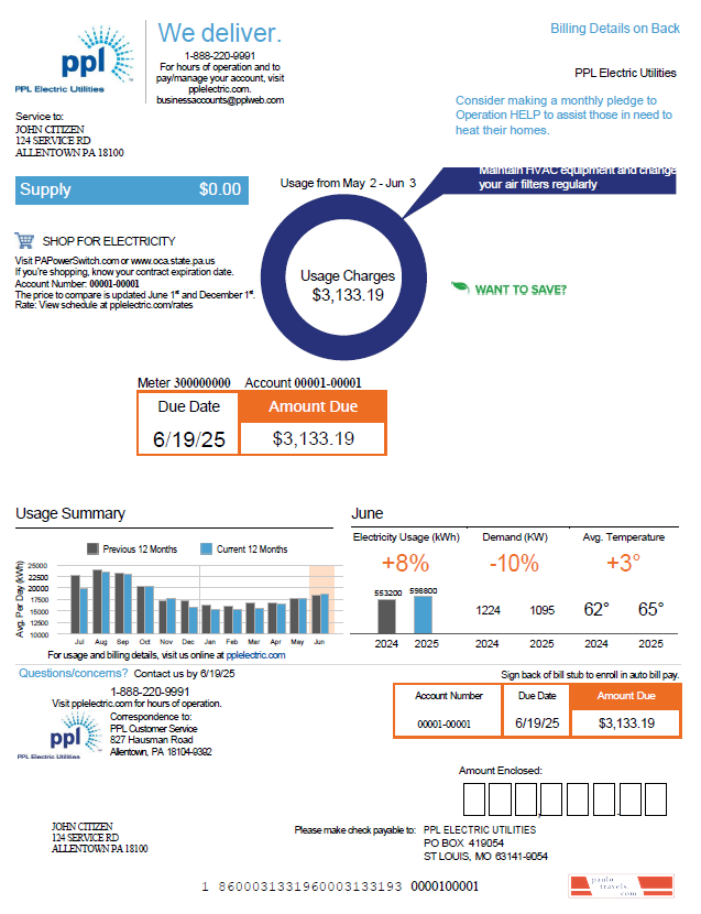 USA PPL Electric utility bill template in Word and PDF formats, version 2